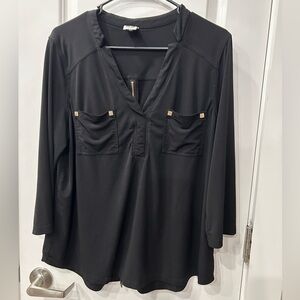 Anne Klein Black V-Neck Blouse with Pocket Accents